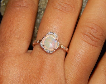 Natural Fire Opal Ring, Rose Gold Moissanite Halo, Minimal Engagement Ring, October Birthstone