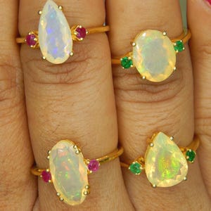 14k Gold Fire Opal Ring Natural Ruby October Birthstone Emerald minimalist Engagement Ring Gift