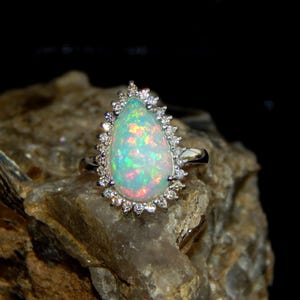 Natural Fire Opal Diamond Ring: 14K Gold Wedding Engagement Statement Ring For Christmas