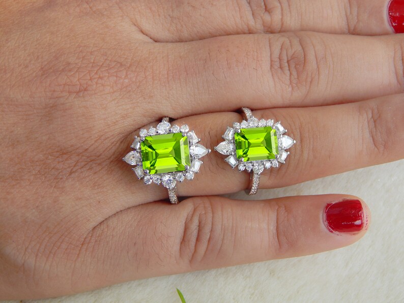 Natural Peridot Ring, Diamond Ring, Engagement Anniversary Ring, Certified Gemstone, Ring For Women, Promise Ring For Her, Peridot Halo Ring image 3