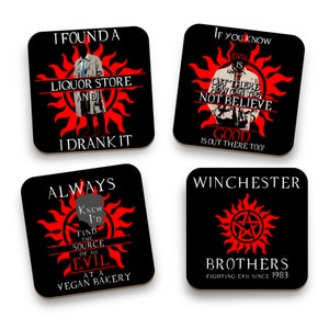 Supernatural Winchester Coaster. Winchester brother, Sam, Dean, Castiel, pentagram logo. Set of 4 Coasters
