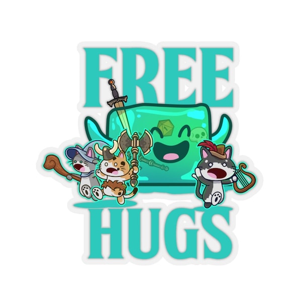 Dnd Stickers, Cute Gelatinous Cube free Hugs. Cats running away. Kiss-Cut Stickers