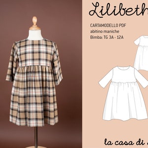 Lilibeth Sewing Pattern for girl's dress Size 3A - 12A - PDF sewing pattern gathered dress with sleeves - downloadable online and printable on A4