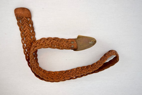70's hand of Fatima brass and braided leather belt - image 3