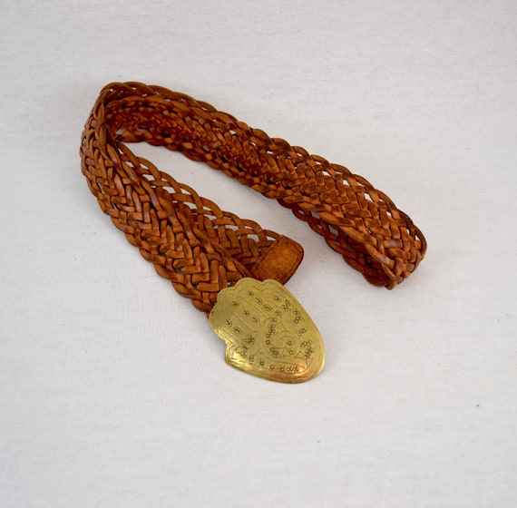 70's hand of Fatima brass and braided leather belt - image 1