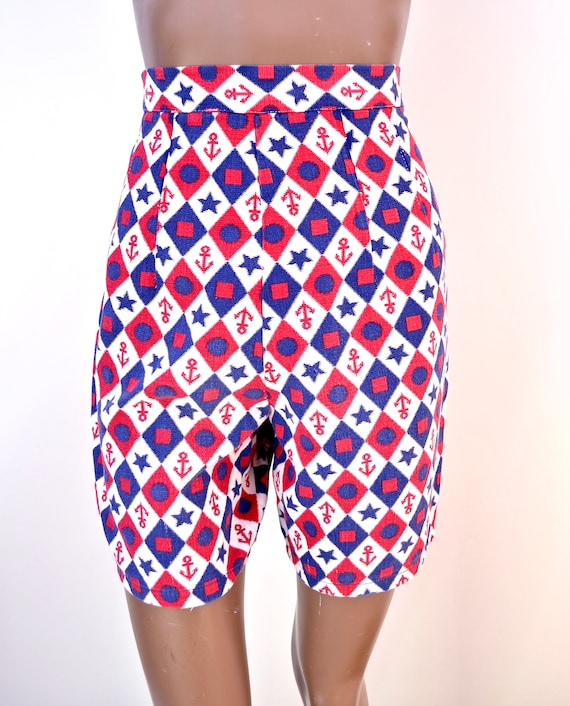 60's high waisted red white and blue nautical sho… - image 1