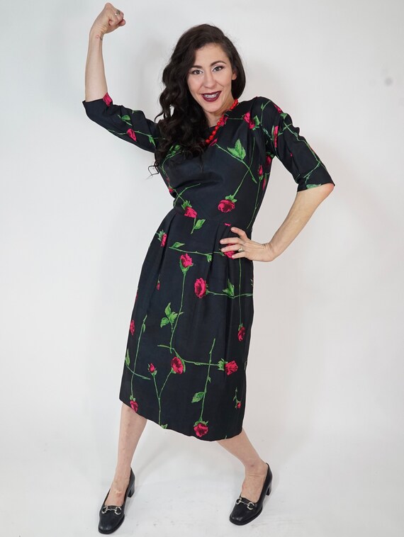 50's Eleanor Green silk rose dress