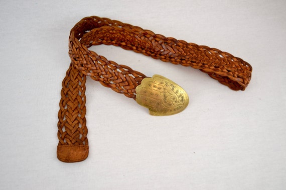 70's hand of Fatima brass and braided leather belt - image 2