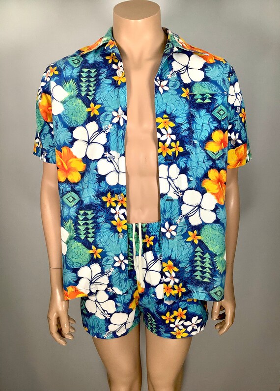 Late 60's men's plumeria/hibiscus print cabana set - image 2