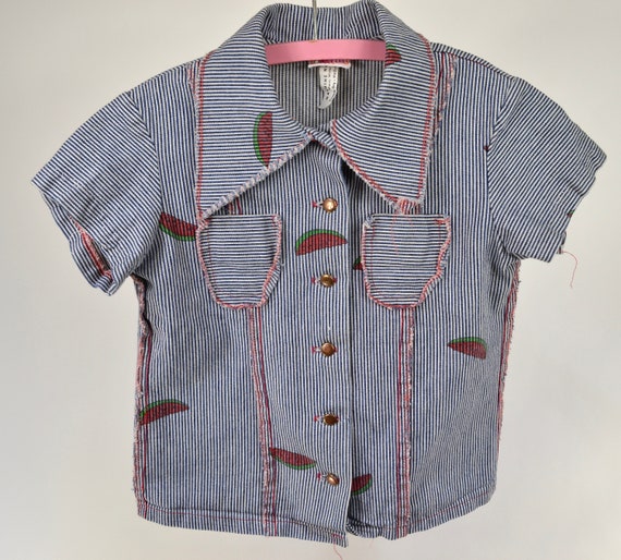 Striped denim, fly away collar kids shirt, with w… - image 1