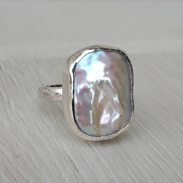 Choisissez votre taille Grande bague en véritable perle baroque avec de l'argent sterling, une bague en perle unique, une bague de cocktail, un cadeau pour elle, un cadeau pour lui