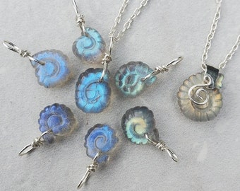 Labradorite Snail Pendant Necklace: Sterling Silver Nautilus Charm