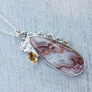 Natural Crazy Lace Agate pendant with sterling silver and Citrine, banded Agate and rose pendant, gemstone statement pendant, gift for her
