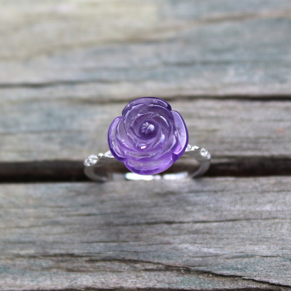 Adjustable natural Amethyst rose ring with sterling silver, purple Amethyst flower ring, dainty gemstone ring, gift for her