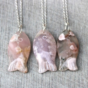 Natural Flower Agate fish necklace with sterling silver