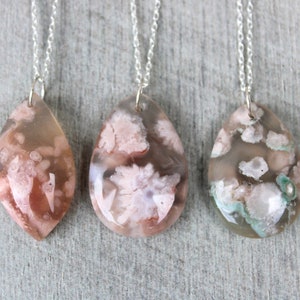 Natural Flower Agate necklace with sterling silver, Sakura Cherry Blossom Agate pendant, unique Agate pendant, gift for her