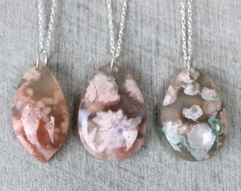 Natural Flower Agate necklace with sterling silver, Sakura Cherry Blossom Agate pendant, unique Agate pendant, gift for her