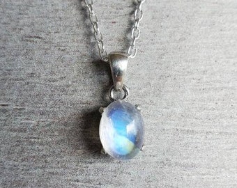 6*8mm natural Rainbow Moonstone pendant with sterling silver, rainbow moonstone necklace, simple gemstone crystal necklace, gift for her
