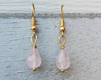 Natural pink Rose Quartz earrings with hypoallergenic gold plated stainless steel, crystal drop earrings, Christmas gift