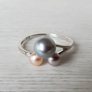 Real freshwater pearl ring adjustable with sterling silver, multicolor pearl cluster ring, pearl statement ring, gift for her image 1