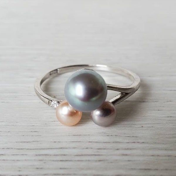 Real freshwater pearl ring adjustable with sterling silver, multicolor pearl cluster ring, pearl statement ring, gift for her