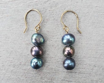 Genuine freshwater black pearl earrings with 14k gold filled, 3 bead earrings, black pearl with gold earrings, cute earrings, gift for her