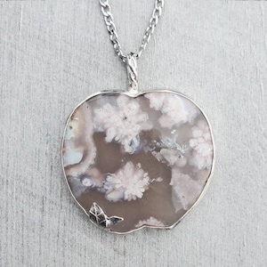 Natural Flower Agate pendant with sterling silver, Cherry Blossom agate pendant, floral gemstone apple pendant, gift for her