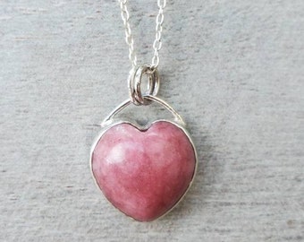 Natural Rhodonite heart necklace with sterling silver, pink Rhodonite necklace, gemstone Rhodonite pendant, pink heart pendant, gift for her