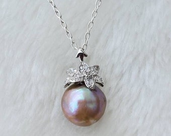 Genuine purple pearl pendant with sterling silver, 12-13mm freshwater pearl necklace, June birthstone, Christmas gift, gift for her