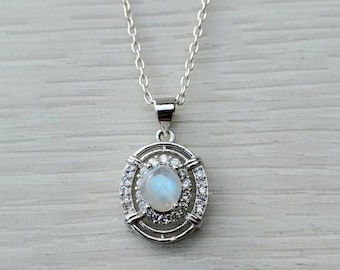 Rainbow Moonstone Pendant Necklace: Dainty Gemstone, Silver Plated