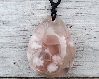 Flower Agate Necklace: Natural Gemstone Pendant, Adjustable Cord