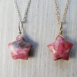 Natural Rhodonite star pendant with sterling silver or 14K gold-filled, pink star necklace, gold necklace, Christmas gift for girls