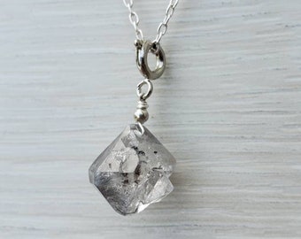 Natural Raw salt and pepper Herkimer Diamond necklace with sterling silver, dainty Herkimer Quartz crystal necklace, gift for her