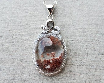 Garden Quartz Pendant: Lodolite Gemstone Necklace, Silver-Plated Brass