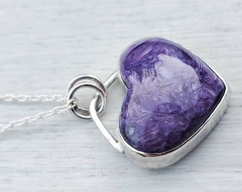 Natural Charoite heart necklace in sterling silver, Charoite necklace, simple heart pendant, gemstone crystal pendant, gift for her