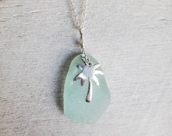 Aqua Sea Glass Necklace: Beach Glass Palm Tree Charm Pendant