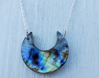 Natural Labradorite crescent moon necklace with sterling silver, Labradorite necklace, gemstone crystal necklace, gift for her