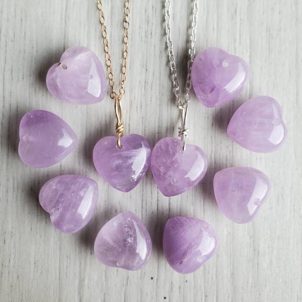 Natural Amethyst heart necklace with silver or 14K gold-filled, Amethyst necklace, purple gemstone crystal heart pendant, gift for her