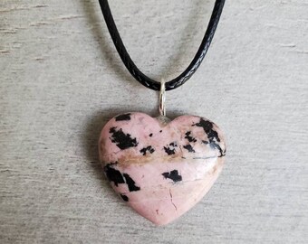 Carved Rhodonite Heart Necklace: Sterling Silver, Black Cord Pendant