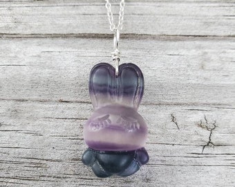 Natural Rainbow Fluorite bunny pendant with sterling silver, gemstone crystal rabbit pendant, cute rabbit necklace, graduation gift