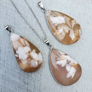 Natural Carnelian Flower Agate necklace, Sakura Cherry Blossom agate pendant, floral gemstone crystal necklace, gift for her