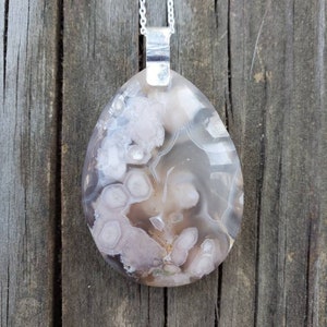 Natural Flower Agate pendant with sterling silver, Plume Agate/Cherry Blossom Agate necklace, gemstone crystal floral necklace, gift for her