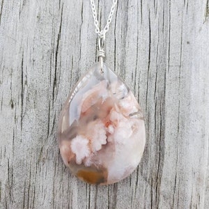 Natural Flower Agate pendant with sterling silver, Sakura Cherry Blossom agate necklace, floral gemstone crystal necklace, gift for her