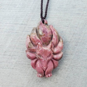 Natural carved Rhodonite fox necklace/ fox pendant/ 9 tailed fox/ rhodonite necklace/ pink fox charm/ Christmas gift