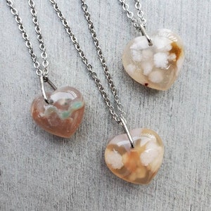 Natural Flower Agate heart necklace with hypoallergenic stainless steel, Flower Agate pendant, heart pendant, floral necklace, gift for her