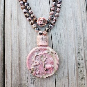 32&quot; long Rhodonite necklace, natural Rhodonite deer carving necklace, gemstone statement necklace, Christmas gift, gift for Mom