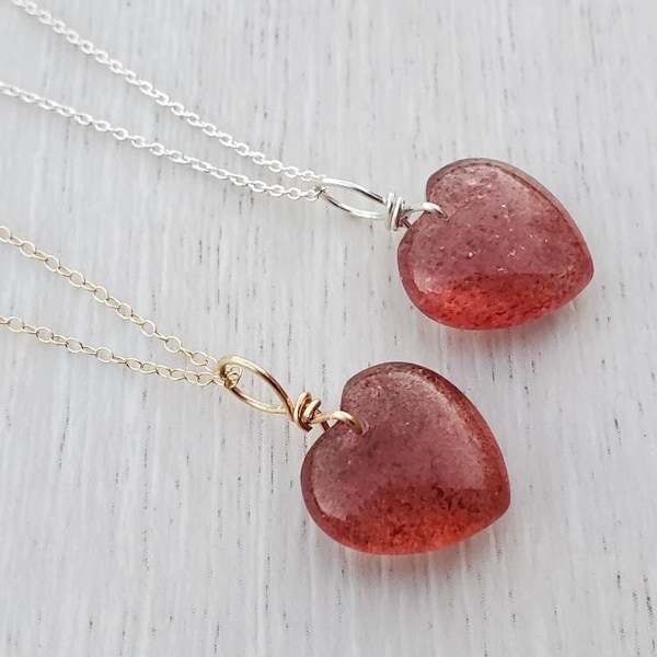 11-12mm Natural Strawberry Quartz necklace with sterling silver or 14K gold-filled, dainty red heart necklace, heart pendant, gift for her