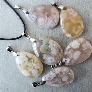 Natural pink Flower Agate necklace with stainless steel, Sakura Cherry Blossom Agate pendant, gemstone crystal floral necklace, gift for her