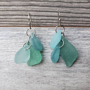 Sea glass earrings with sterling silver hooks and stainless steel, beach-found green and aqua seaglass dangle earrings, gift for her