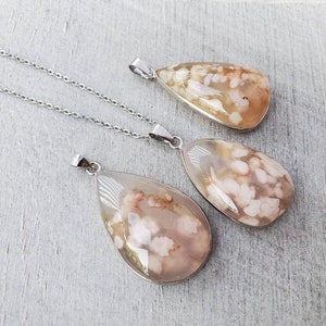 Natural Flower Agate necklace with silver plating, Sakura Cherry Blossom agate pendant, floral gemstone crystal necklace, gift for her